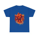 Side view of the Love Flames Graphic Tee — Fiery Embrace Romantic Couple T-Shirt highlighting the shoulder tape for seam stability.