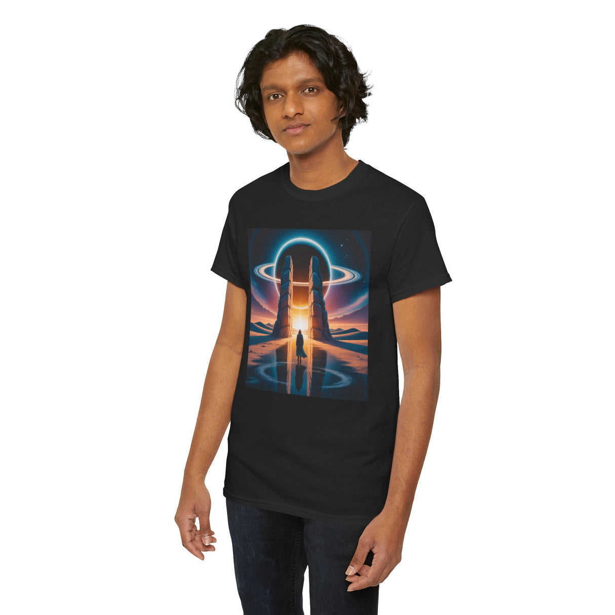 Cosmic Gateway Tee — Sci-Fi Sunset Portal Graphic T-Shirt featured in a casual wardrobe style.