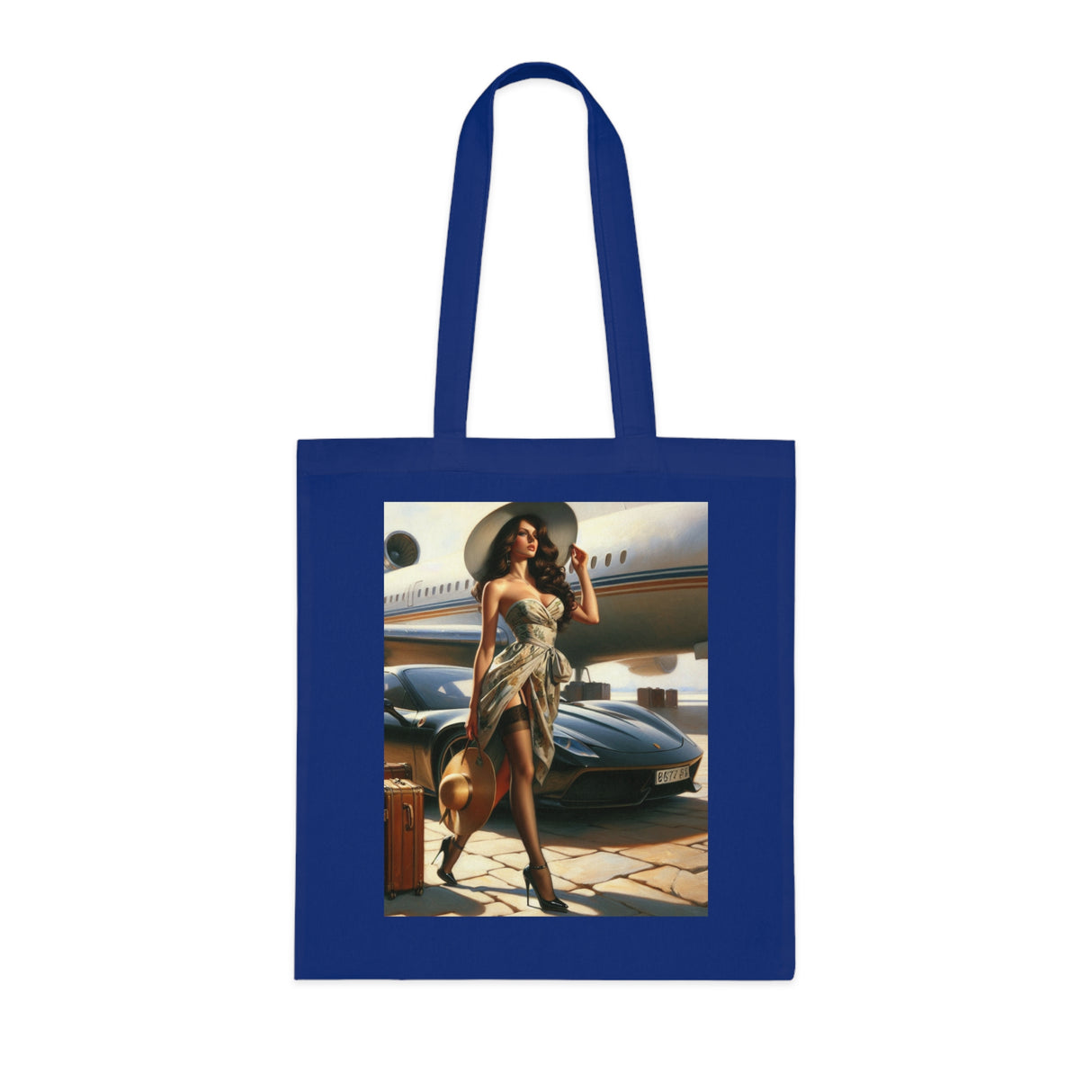 Chic Travel Cotton Tote Bag filled with beach essentials, demonstrating its roomy and fashionable vibe.