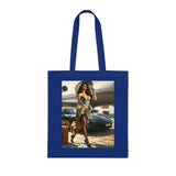Chic Travel Cotton Tote Bag filled with beach essentials, demonstrating its roomy and fashionable vibe.