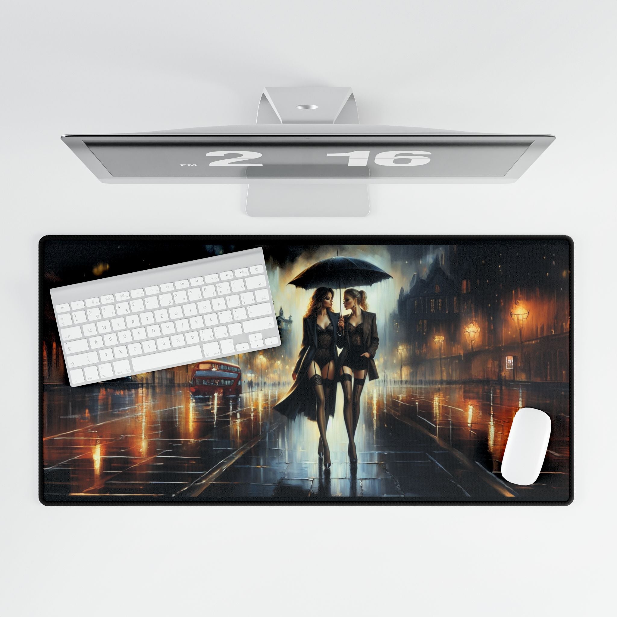 Elegant Nightscape Desk Mat for Home Office 31.5" × 15.5" with a durable polyester front and rubber base, designed to keep your desk stylish and stable.