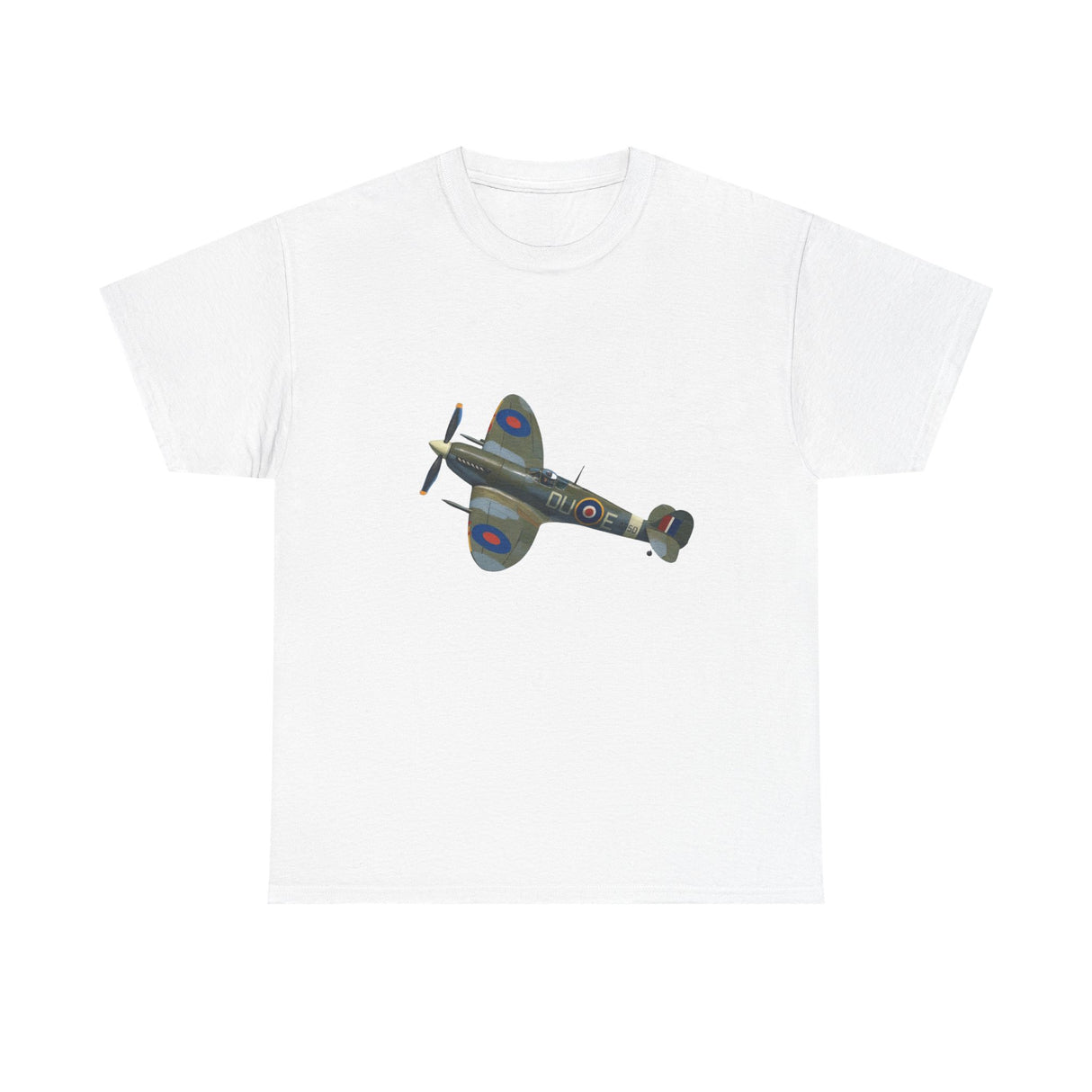 Soft cotton vintage WWII Spitfire Fighter Plane T-Shirt displayed on a hanger