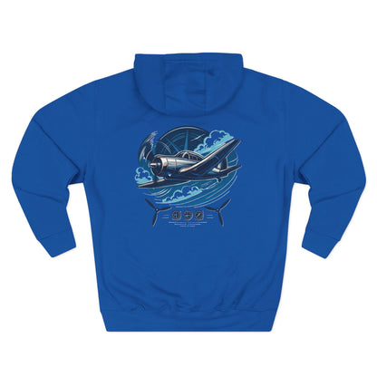 Aviator Three-Panel Hoodie featuring a vintage airplane flight graphic on soft fleece fabric.