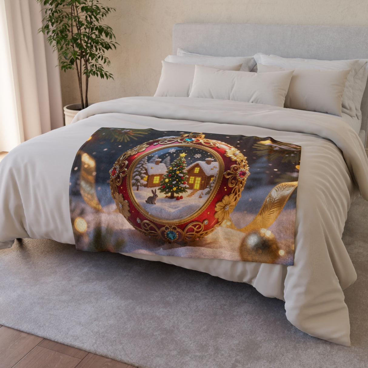 Top view of Christmas Ornament Holiday Blanket — Cozy Festive Throw with hemmed edges and detailed colorful village design.