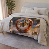 Top view of Christmas Ornament Holiday Blanket — Cozy Festive Throw with hemmed edges and detailed colorful village design.