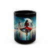 Close-up of the Stylish Urban Scene Mug, highlighting its glossy black ceramic finish and artistic design.