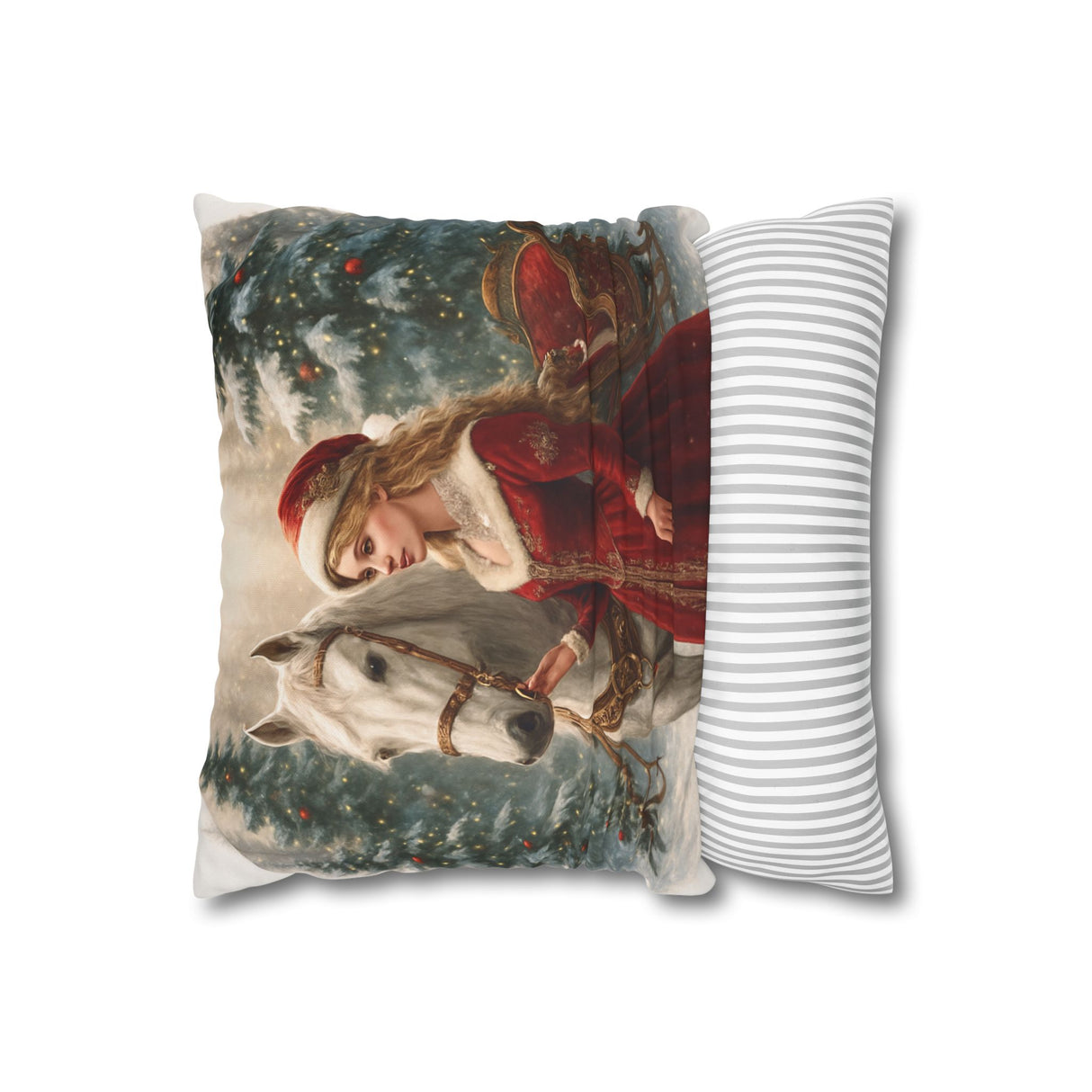 Elegant Christmas Horse Pillowcase with a concealed zipper, featuring a beautiful winter scene of a Victorian girl and white horse.