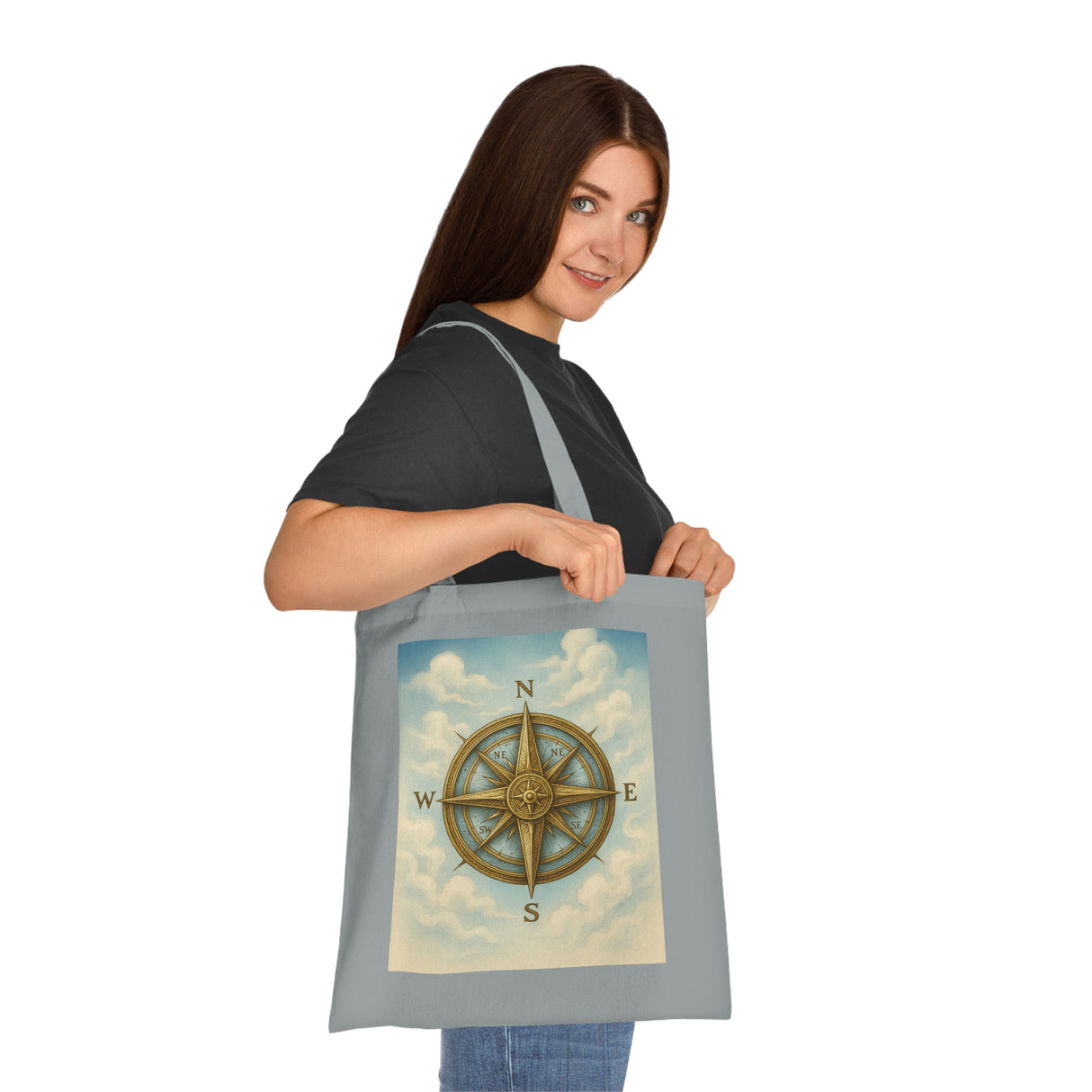 Vintage Compass Cotton Tote Bag in a close-up view highlighting its fabric details.