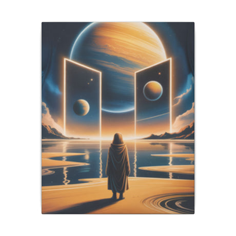 Stretched Canvas Wall Art — Futuristic Portal with Moons, depicting a figure before glowing portals over a mirrored sea.