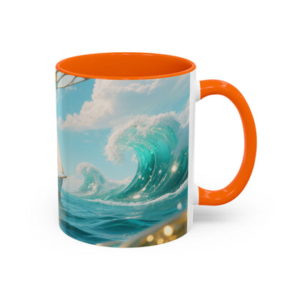 Sailboat Ocean Waves Accent Coffee Mug — Nautical Sea Morning Tea Cup US
