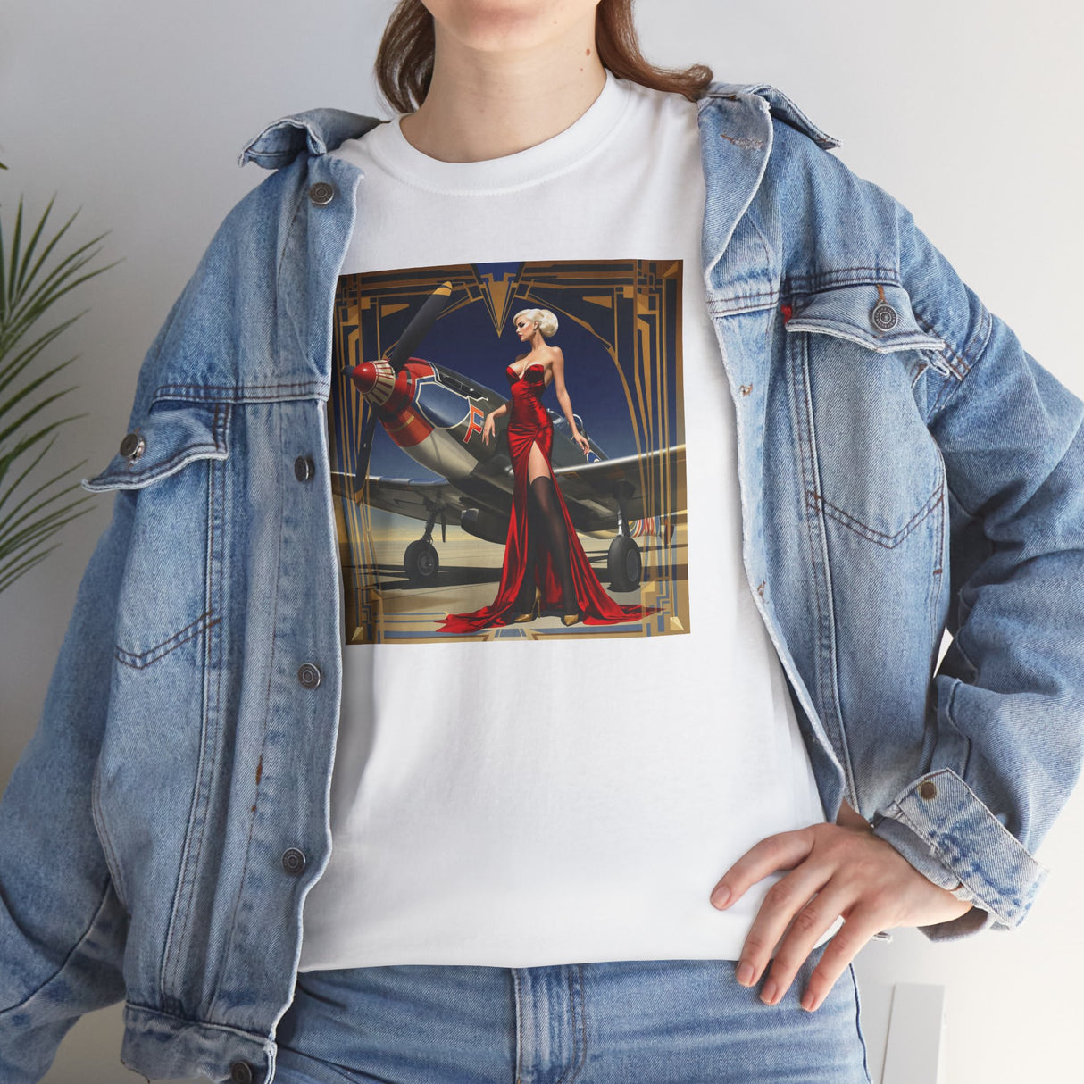 Styled image of the Art Deco Aviatrix Tee against a retro-themed backdrop.