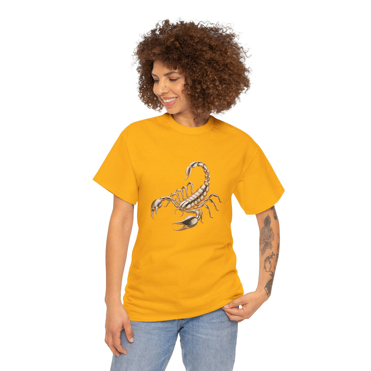 A model enjoying a warm day in the Scorpion Graphic Tee — Desert Scorpion Illustration T-Shirt.