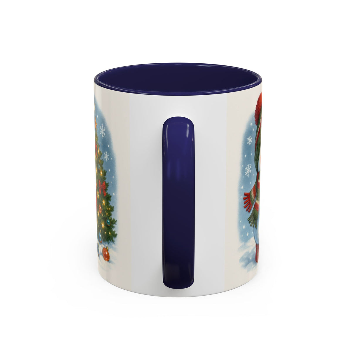 Person wrapping presents while enjoying coffee from the Christmas Snowman Coffee Mug, embracing holiday traditions.