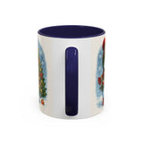 Person wrapping presents while enjoying coffee from the Christmas Snowman Coffee Mug, embracing holiday traditions.