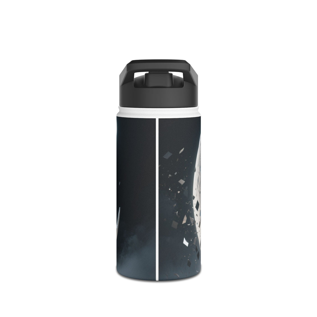 Close-up of the secure twist-on lid of the Sunset Cove Stainless Steel Water Bottle with tropical landscape artwork.