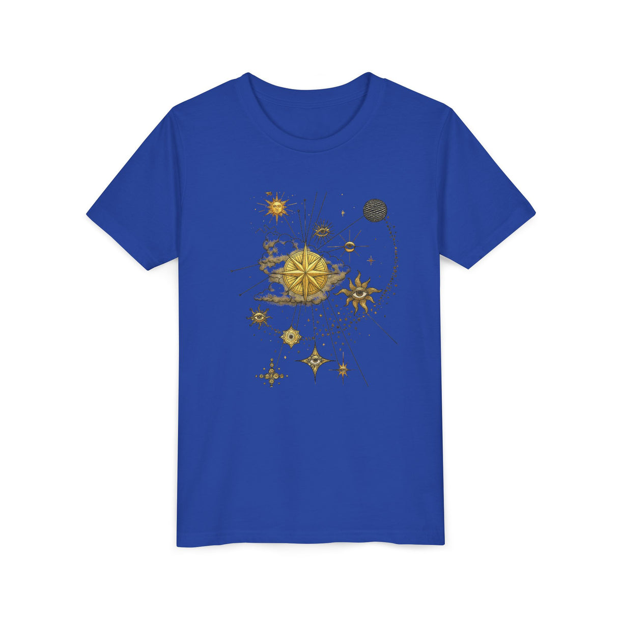 Flat lay of the Celestial Compass Youth Tee emphasizing soft cotton and polyester blend.