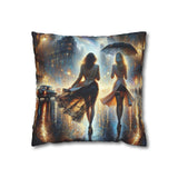 Close-up of Rainy Night Stroll Decorative Pillowcase, showcasing soft polyester canvas texture with bright, high-definition print, 16" × 16".