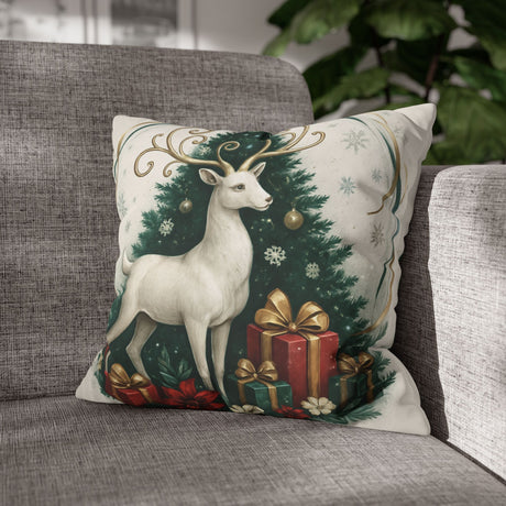 Christmas Reindeer Pillowcase featuring a vintage-style design with a serene white deer and decorated Christmas tree, perfect for holiday decor.