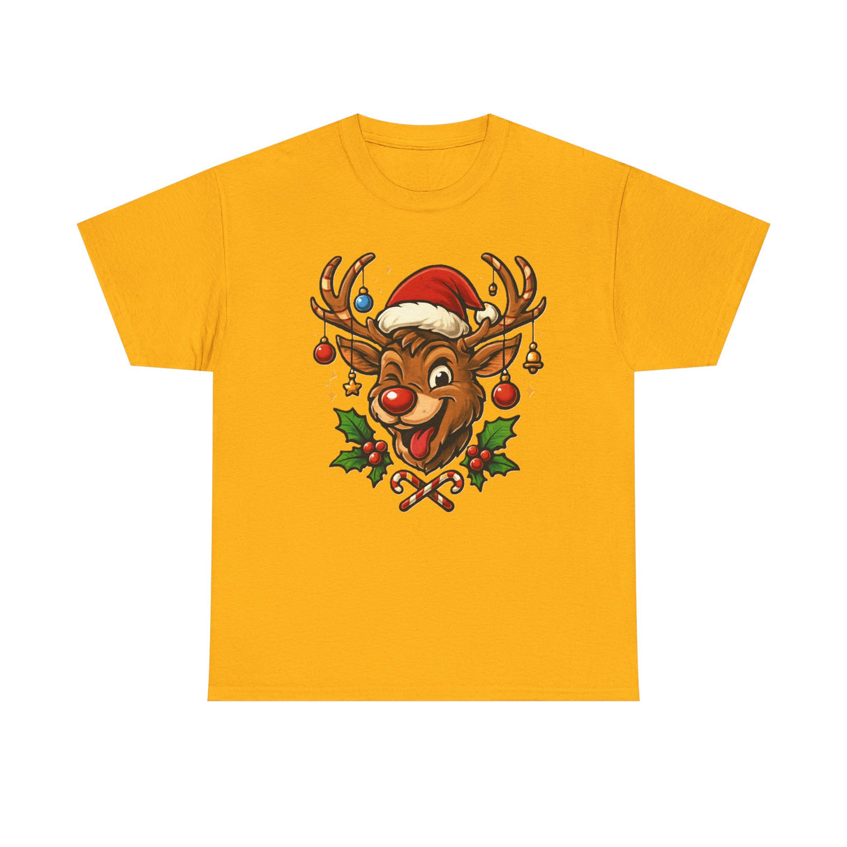 Front view of the Christmas Reindeer Tee with a whimsical reindeer print, ideal for casual Christmas celebrations.