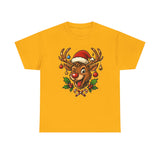 Front view of the Christmas Reindeer Tee with a whimsical reindeer print, ideal for casual Christmas celebrations.