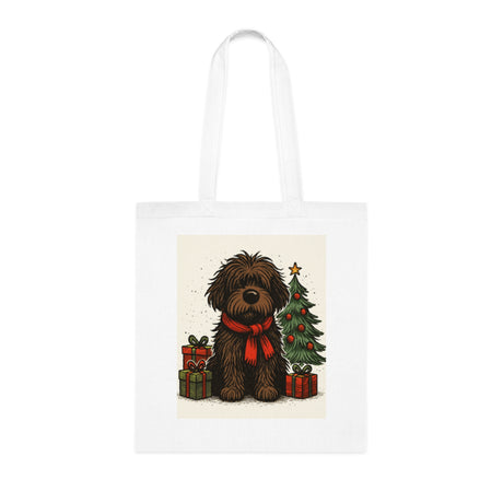 Cute fluffy dog wearing a red scarf surrounded by holiday gifts on a Christmas Tote.
