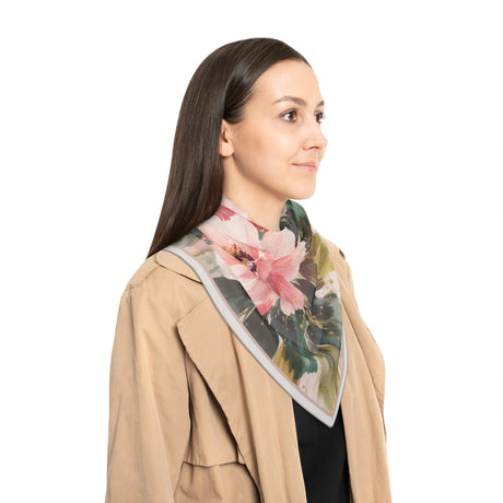 Floral Watercolor Square Scarf Artful, Feminine Touch 25" x 25" displayed on a model showcasing its vibrant watercolor blooms.
