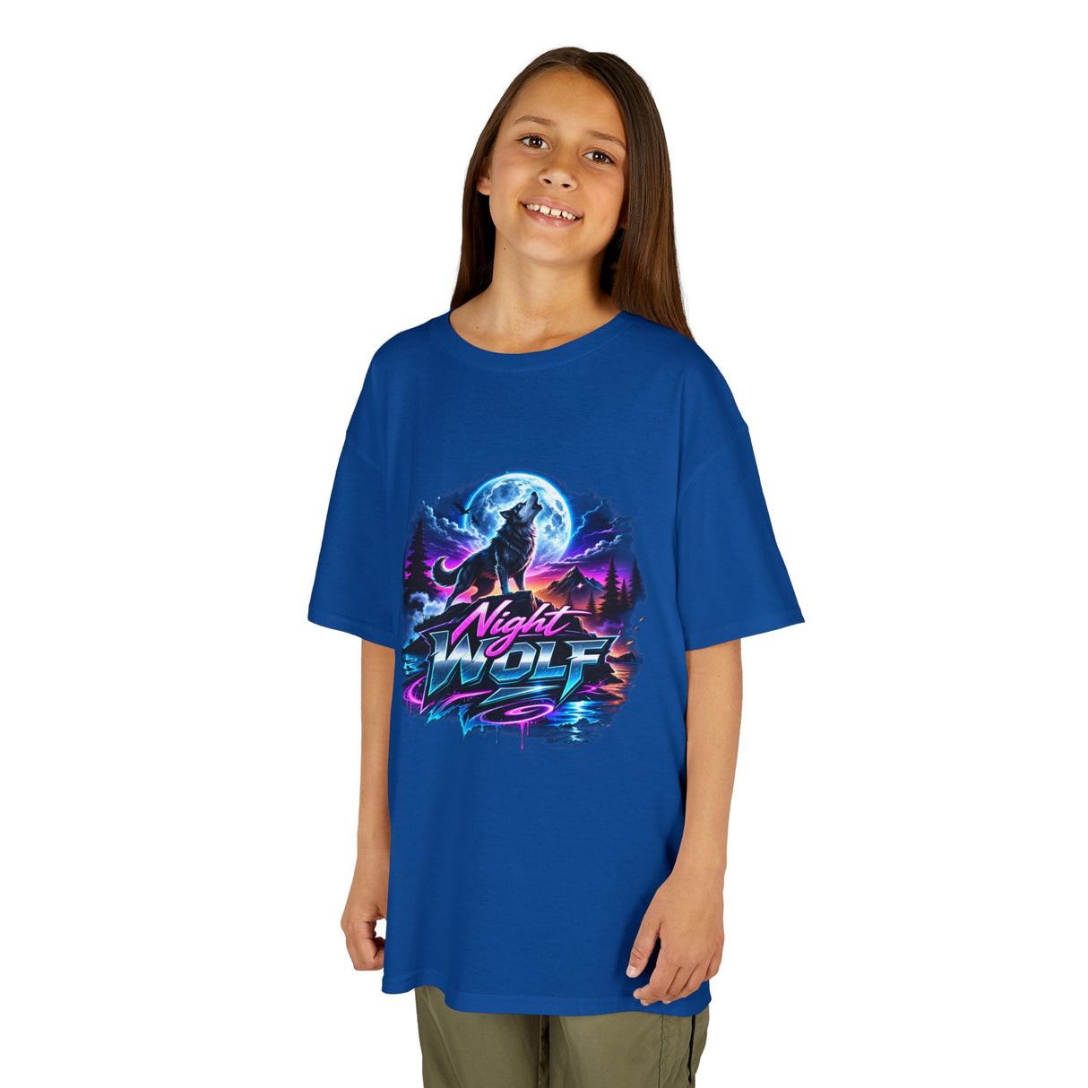 Retro 'Night Wolf' Neon Synthwave Graphic Tee —  Kids T‑Shirt