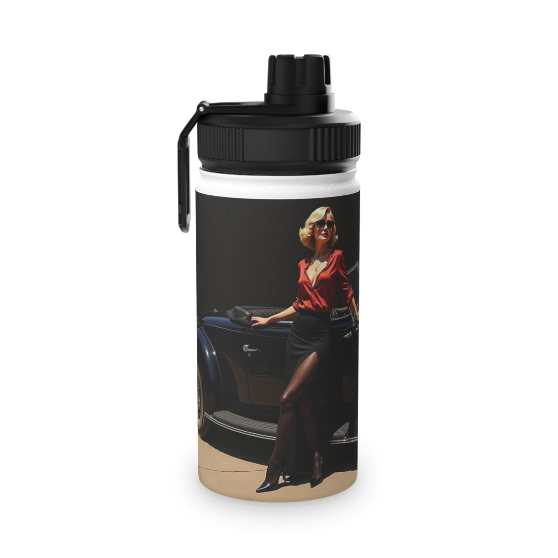 Vintage Car Stainless Steel Water Bottle — Retro Pin-Up Sports Lid showcasing a classic car design, perfect for road trips.