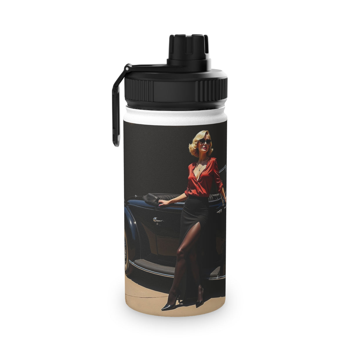 Vintage Car Stainless Steel Water Bottle — Retro Pin-Up Sports Lid showcasing a classic car design, perfect for road trips.