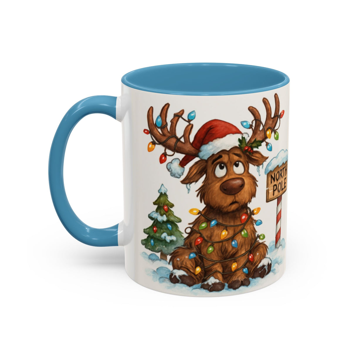 Close-up of the vibrant Christmas Reindeer Coffee Mug capturing the whimsical holiday artwork.