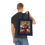 Vintage Pinup Tote Bag detailed with art deco style featuring a woman in a red dress, ideal for showcasing retro fashion culture.