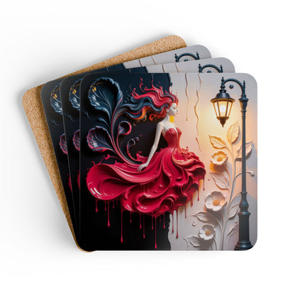 Art Nouveau Lady Cork Coaster Set — Elegant Red Dress Fantasy Drink Coasters