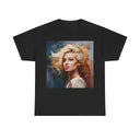 Front view of the Portrait Art T-Shirt showcasing the artistic blonde woman graphic in warm tones.