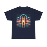 Cosmic Gateway Tee — Sci-Fi Sunset Portal Graphic T-Shirt displayed on a hanger showcasing the unique graphic design.