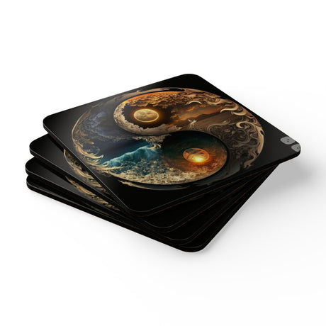Beautiful display of the Yin Yang Corkwood Coaster Set with vivid colors, great for protecting surfaces.