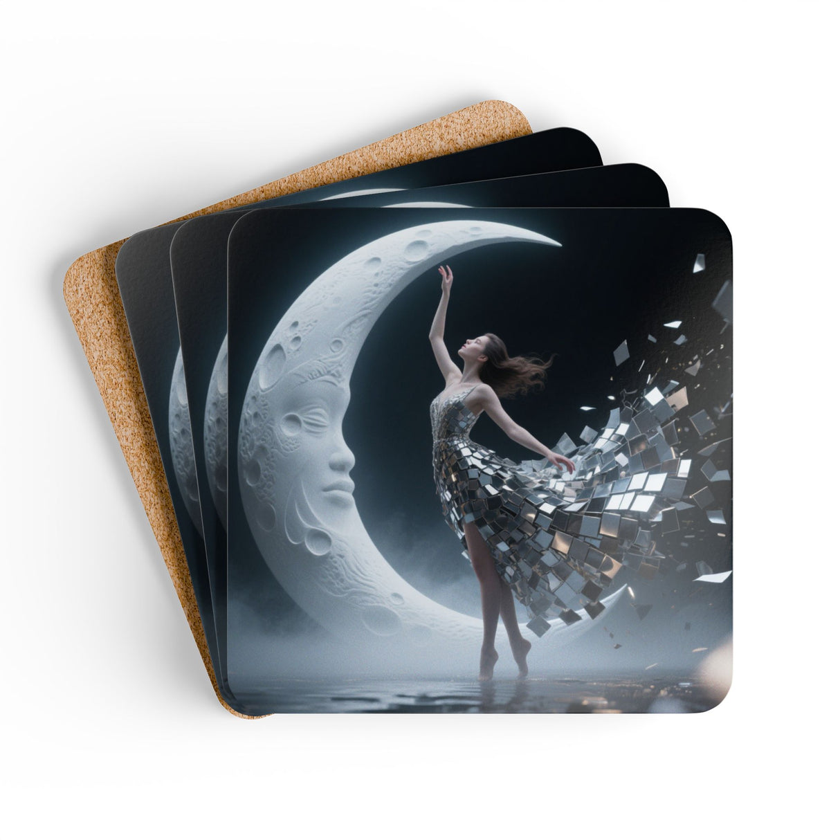 Lunar Ballerina Corkwood Coasters – Moon Dance Decorative Drink Coaster Set