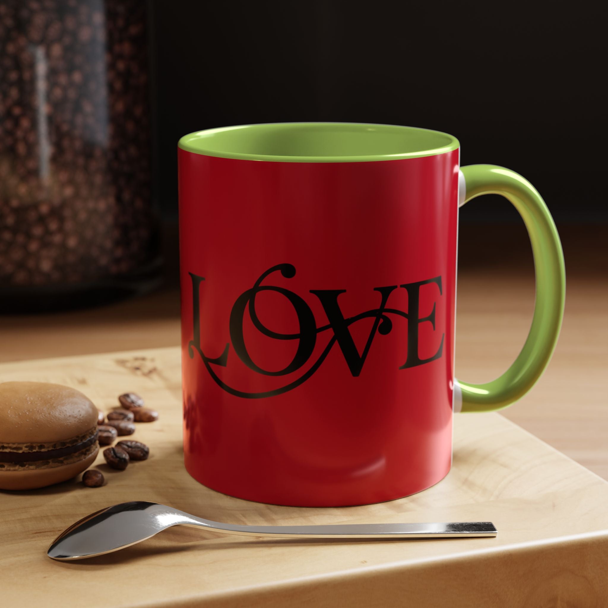 Love Script Accent Coffee Mug — Red &amp; Black Romantic Ceramic Coffee Cup (11oz)