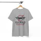 Stylized prop plane framed by wings on the Fly Bold Graphic Tee, ideal for aviators.