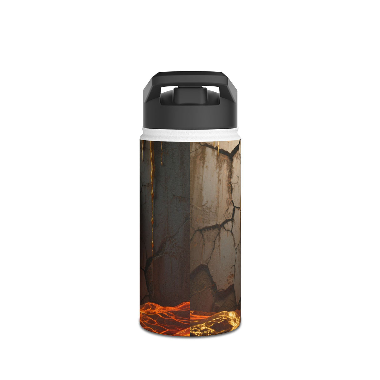 The Autumn Voyage Stainless Steel Water Bottle on a wooden table showcasing its twist-on lid and vibrant print designs.