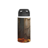 The Autumn Voyage Stainless Steel Water Bottle on a wooden table showcasing its twist-on lid and vibrant print designs.