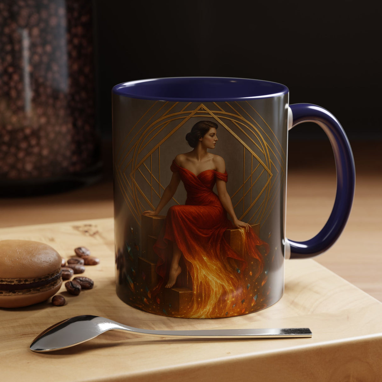 Fiery Goddess Accent Coffee Mug with a black interior, emphasizing the vibrant artwork of a woman in a red gown.