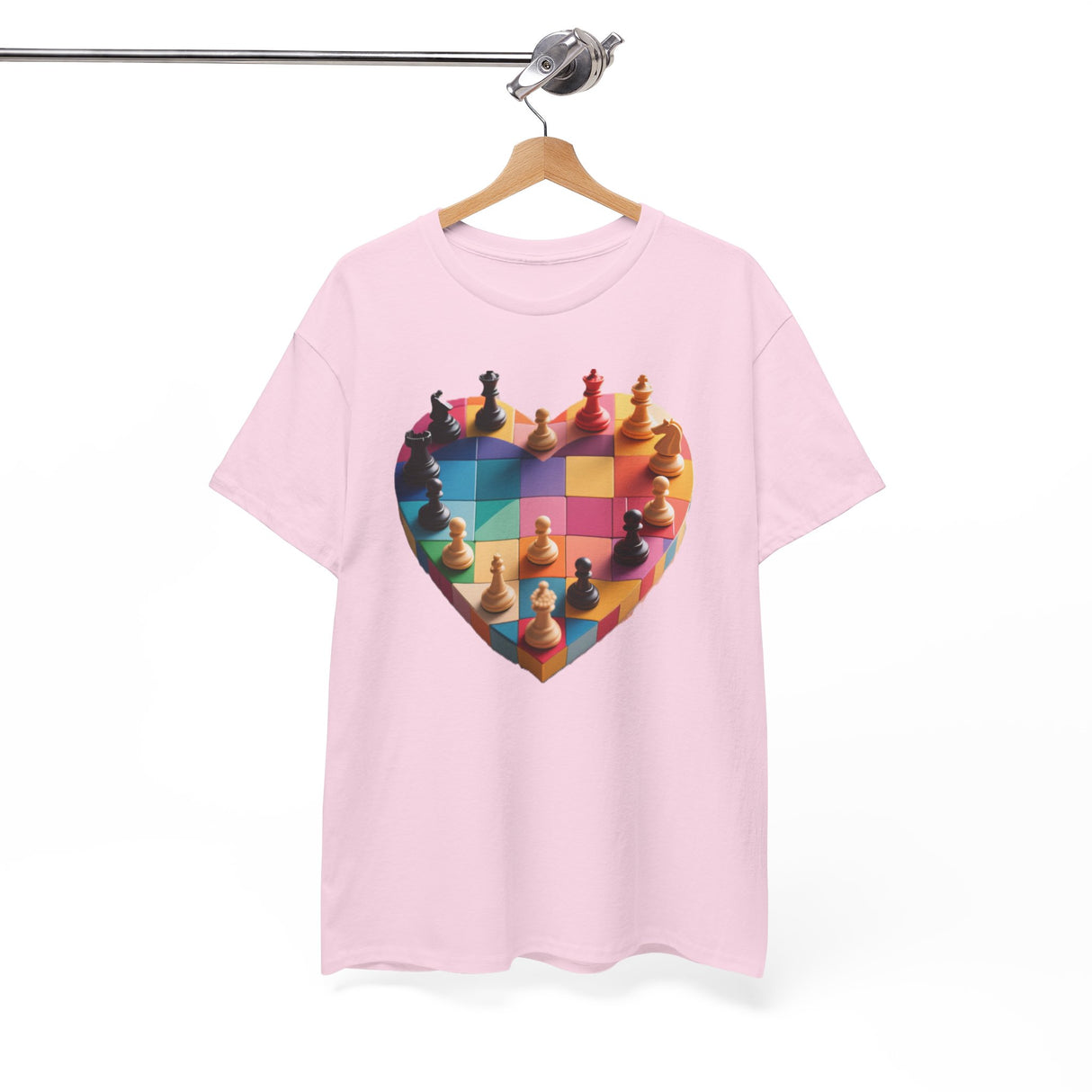 Chess Heart T‑Shirt draped casually over a chair, highlighting its cheerful design.