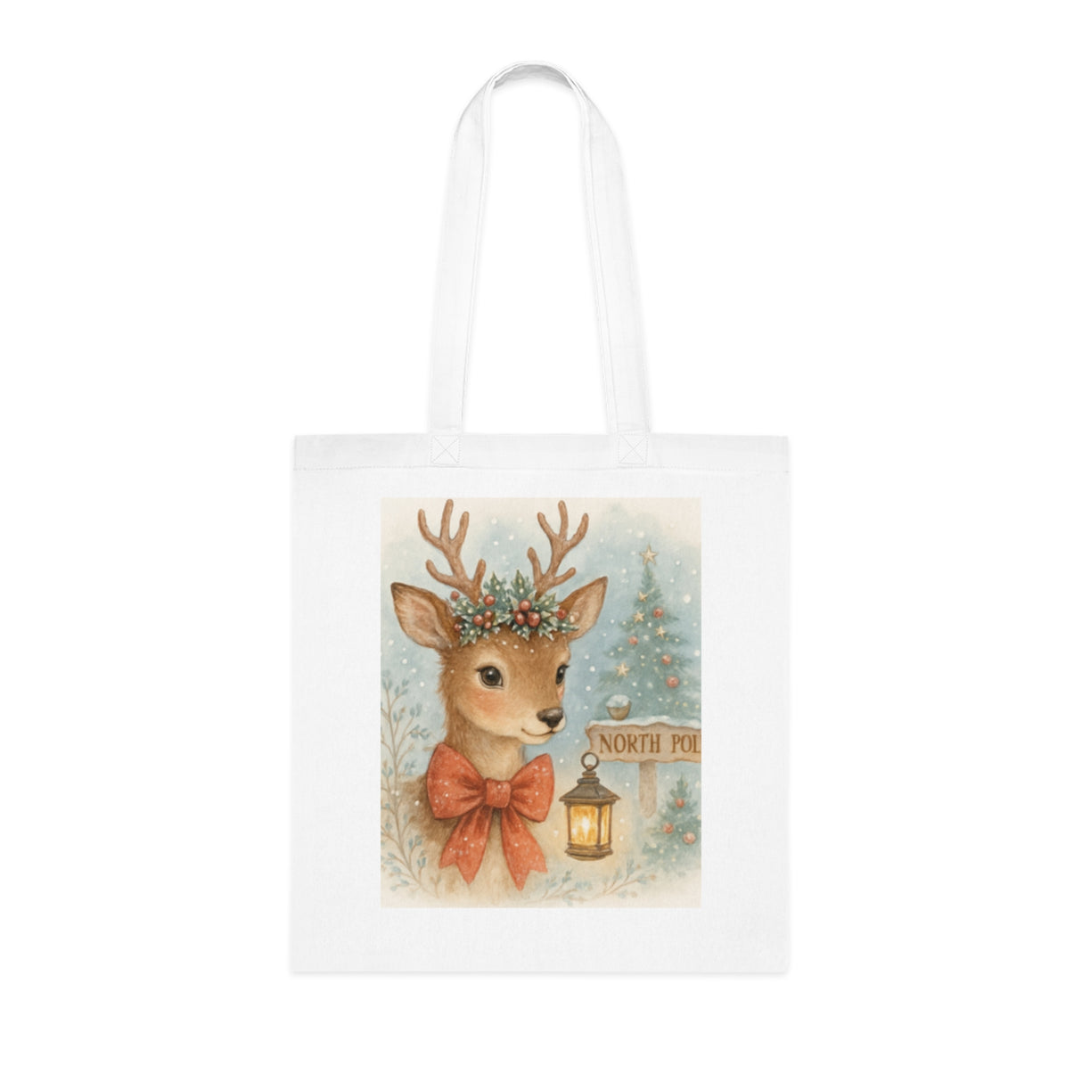 Lifestyle shot of the Christmas Reindeer Tote Bag being carried on a cozy winter stroll among twinkling street lights.