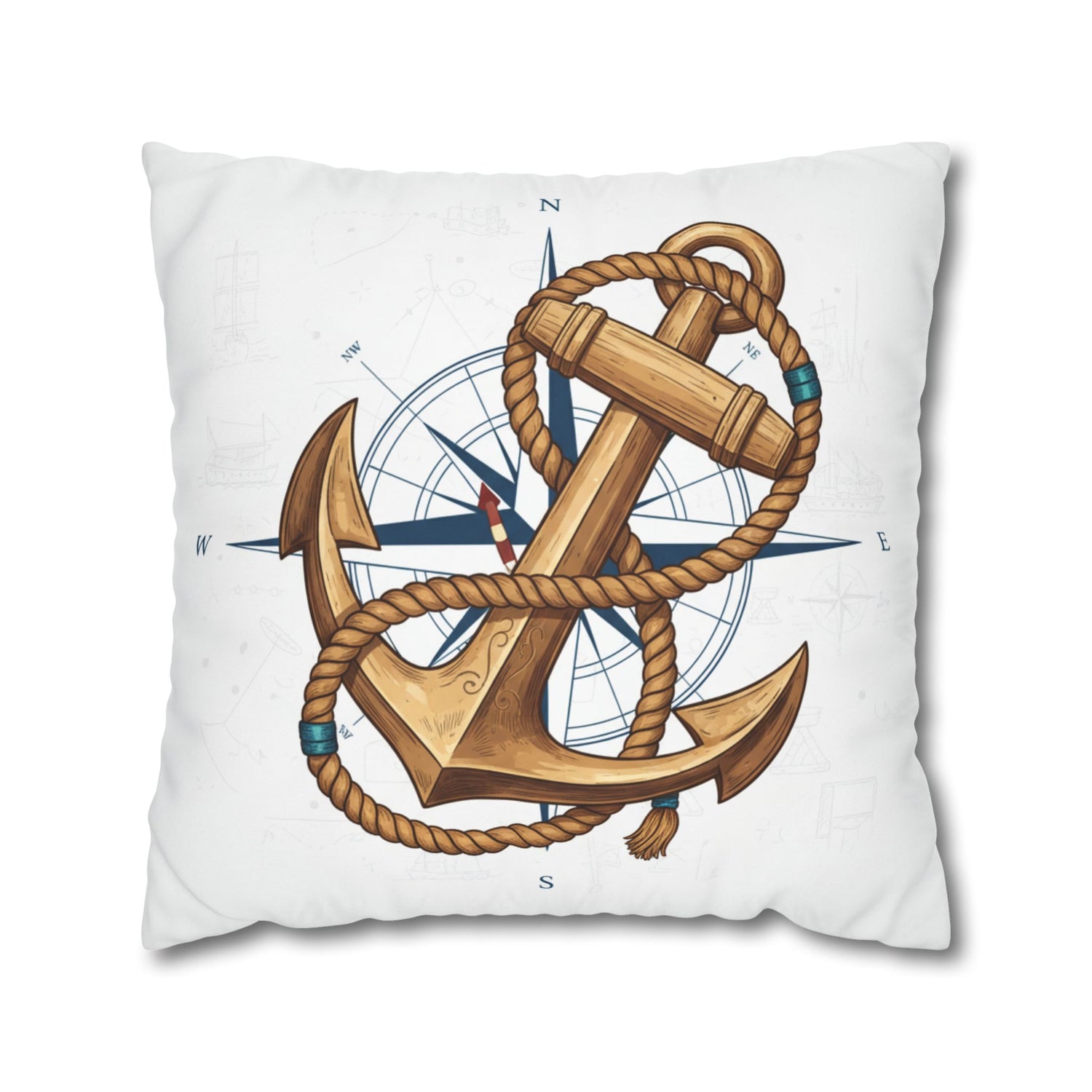 Nautical Anchor &amp; Compass Square Pillowcase — Coastal Sailor Decorative Throw Pillow