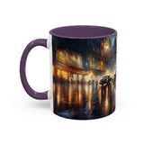 Elegant Nighttime Cityscape Coffee Mug in a vibrant environment, perfect for colorful coffee lovers.