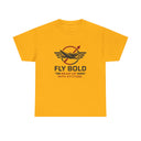 Close-up of the 'Fly Bold: Gear Up With Attitude' slogan on the vintage airplane T-shirt.