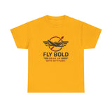 Close-up of the 'Fly Bold: Gear Up With Attitude' slogan on the vintage airplane T-shirt.