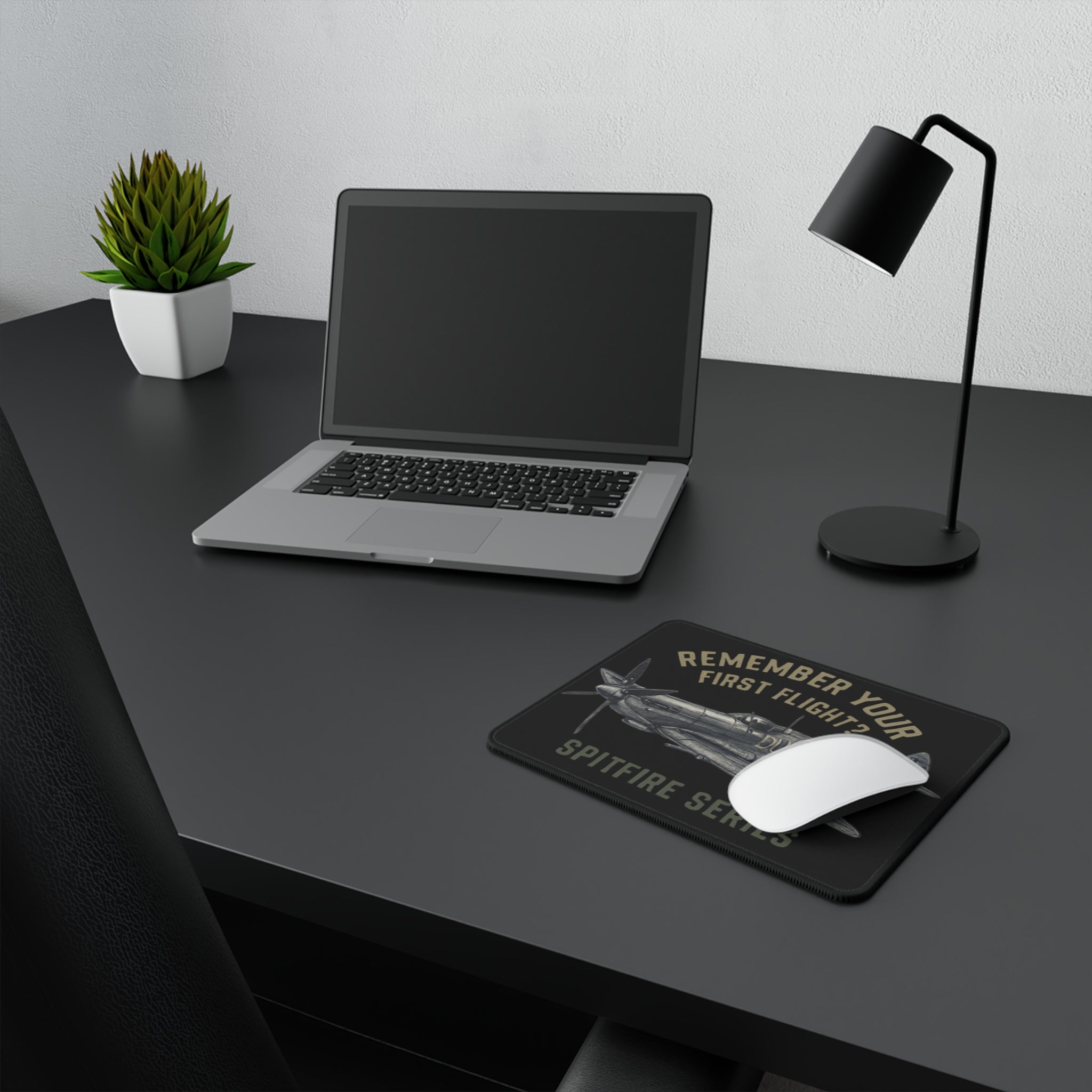 Spitfire Series Gaming Mouse Pad in action, illustrating how it fits perfectly under a mouse for gaming and work tasks while complimenting a vintage aviation theme.