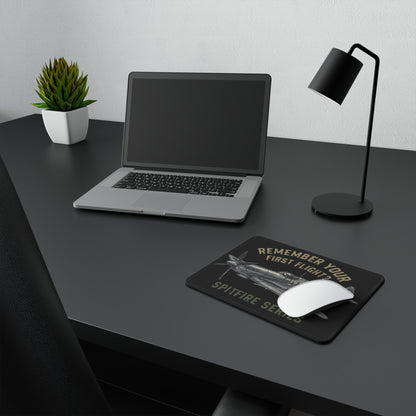 Spitfire Series Gaming Mouse Pad in action, illustrating how it fits perfectly under a mouse for gaming and work tasks while complimenting a vintage aviation theme.