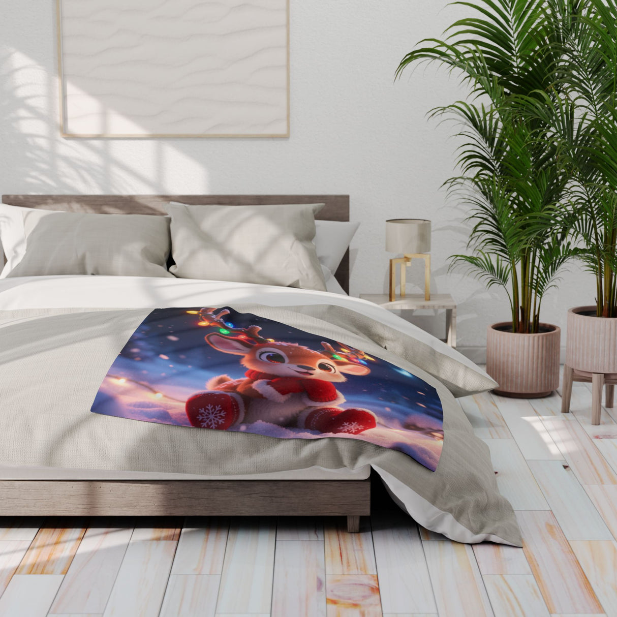 Cute Reindeer Fleece Blanket - Holiday Christmas Cozy Throw for Kids wrapped around a child in a festive atmosphere.